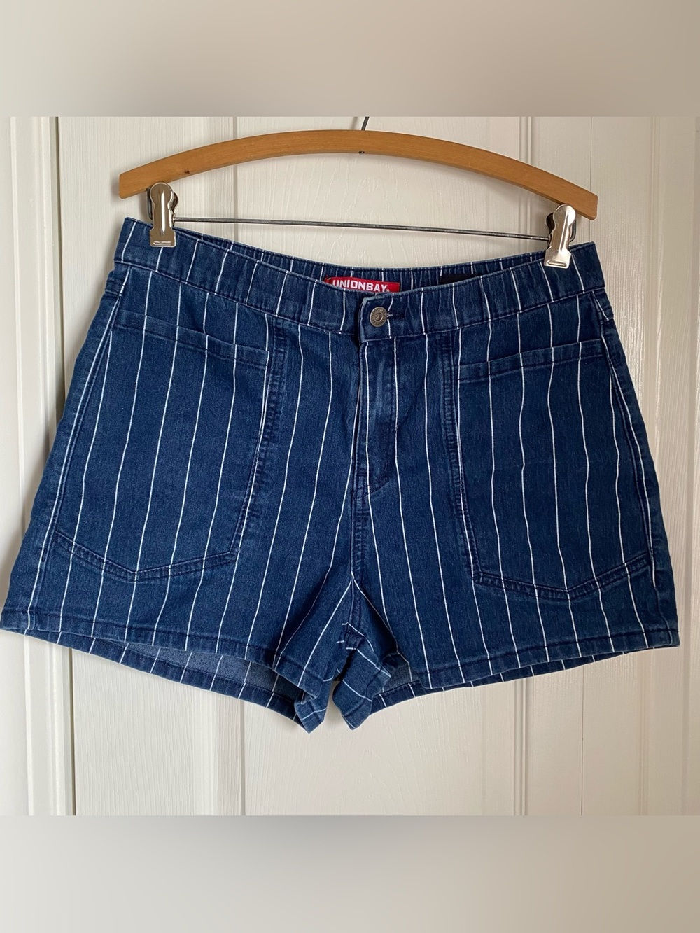 UNIONBAY Navy Blue Pinstripe Denim Shorts High Waisted 15 90s Y2K Indie Utility